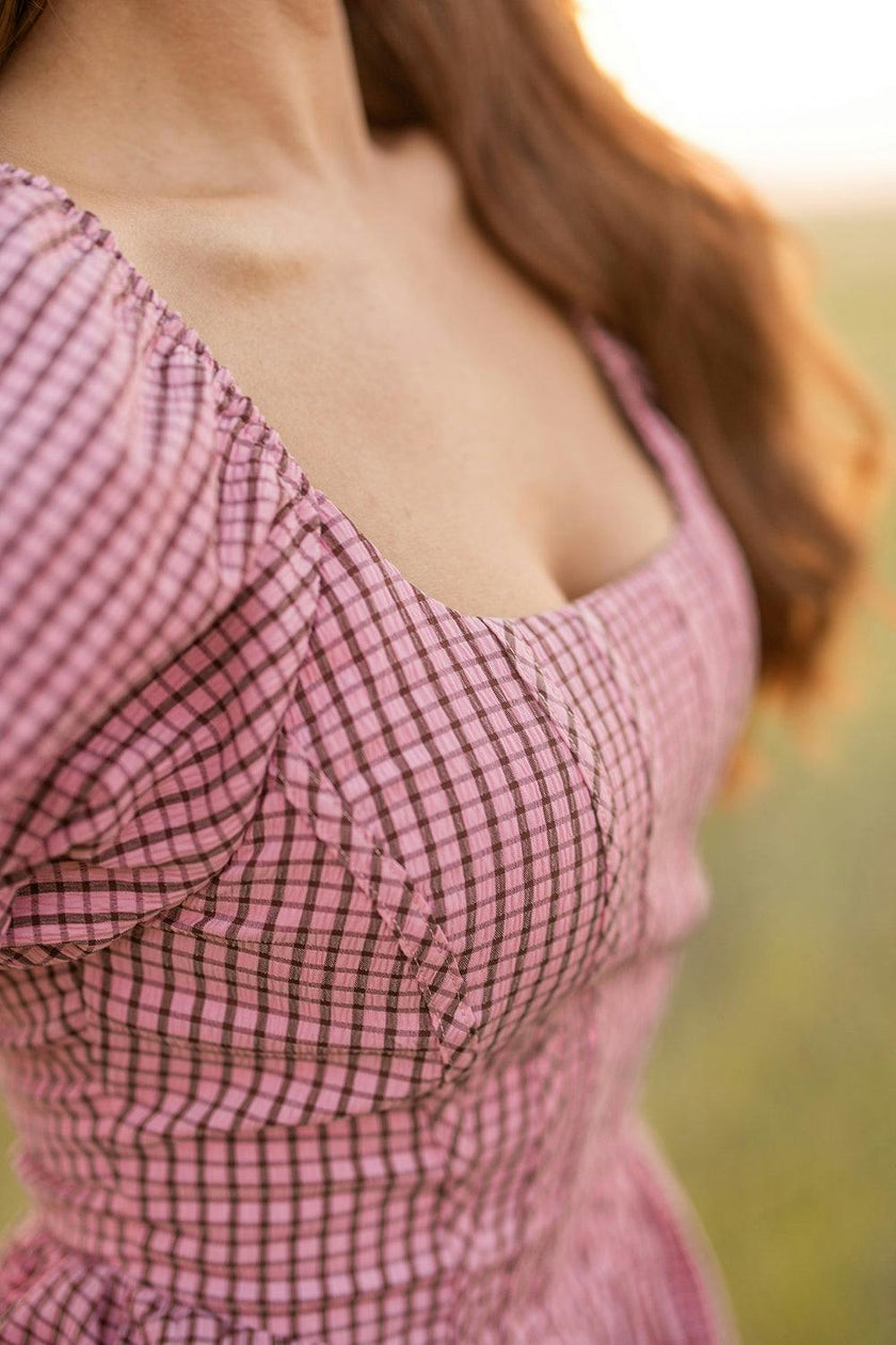 Monica Dress in Pink & Brown Gingham