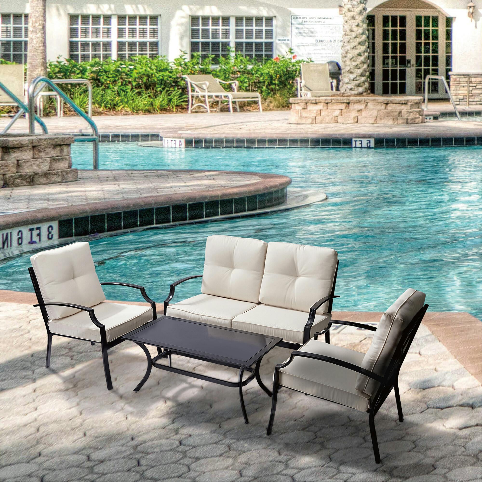 Outdoor 4-Piece Metal Patio Conversation Set With Cushions