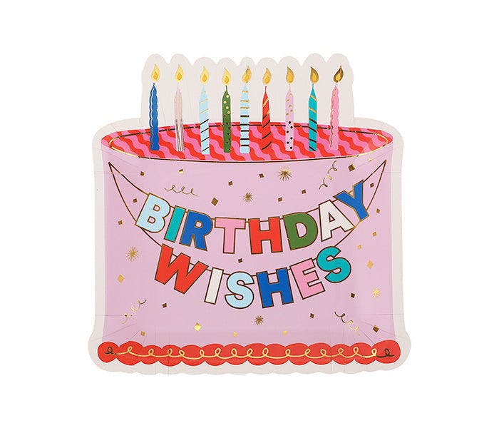 Packed Party Make a Wish Birthday Dessert Plates 10ct - Gold Foil Colorful Cake Design Party Plates, 8 Inch, 350 GSM