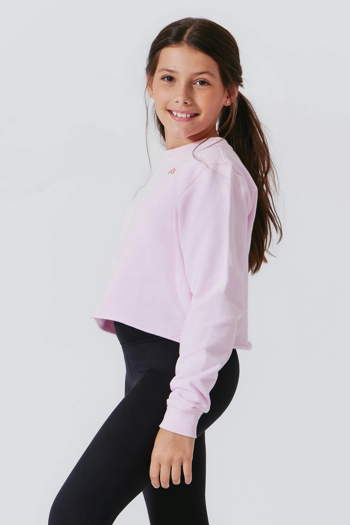 Girls Raw Hem Crew Neck Long Sleeve Crop Sweatshirts