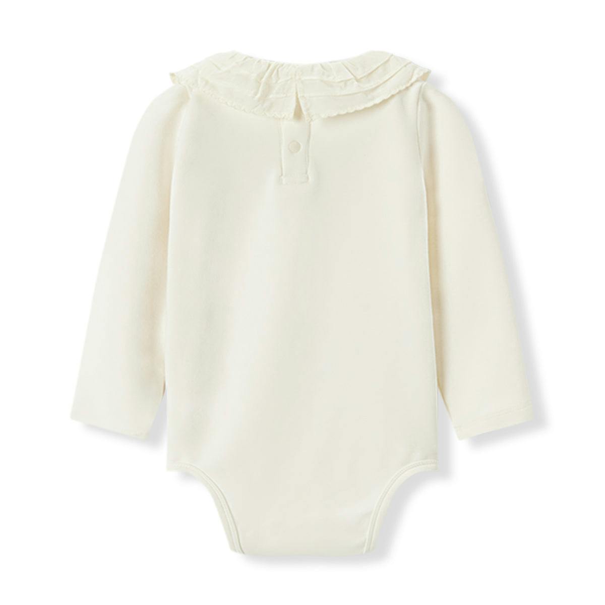 White Brushed Ruffled Collar Long Sleeve One Piece