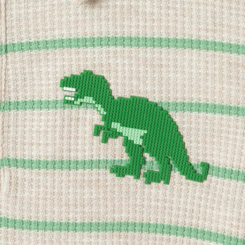Boys Striped Waffle Polo Set | Oatmeal Dino