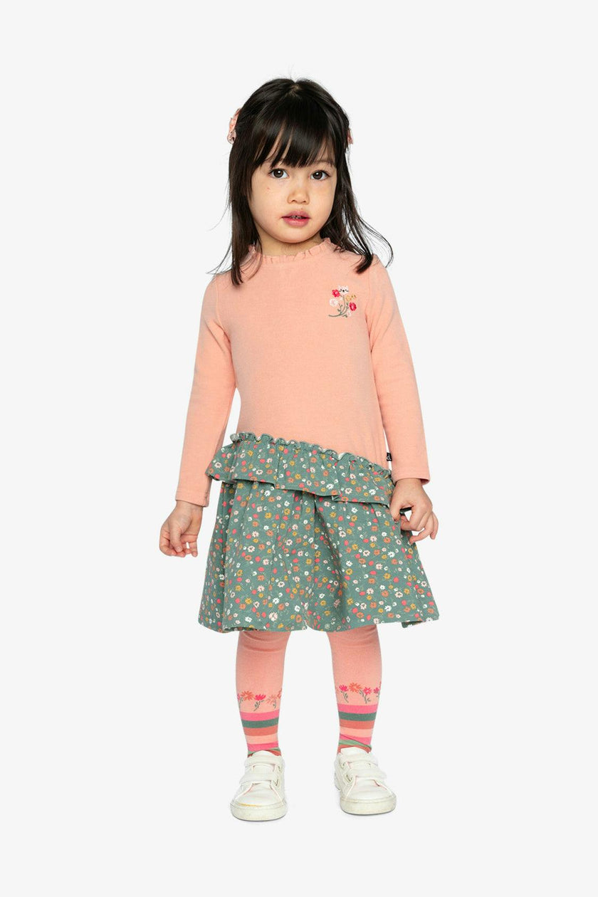 Bi-Material Dress Pale Pink And Green Floral Print