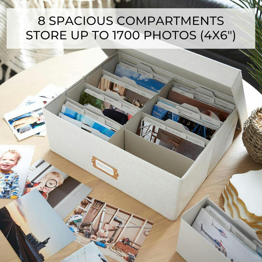 Decorative Photo Storage Box - Sturdy Linen Photo Organizer with Dividers - Stores Up to 850 4x6 Photos - Portable Scrapbook Storage Container with Lid