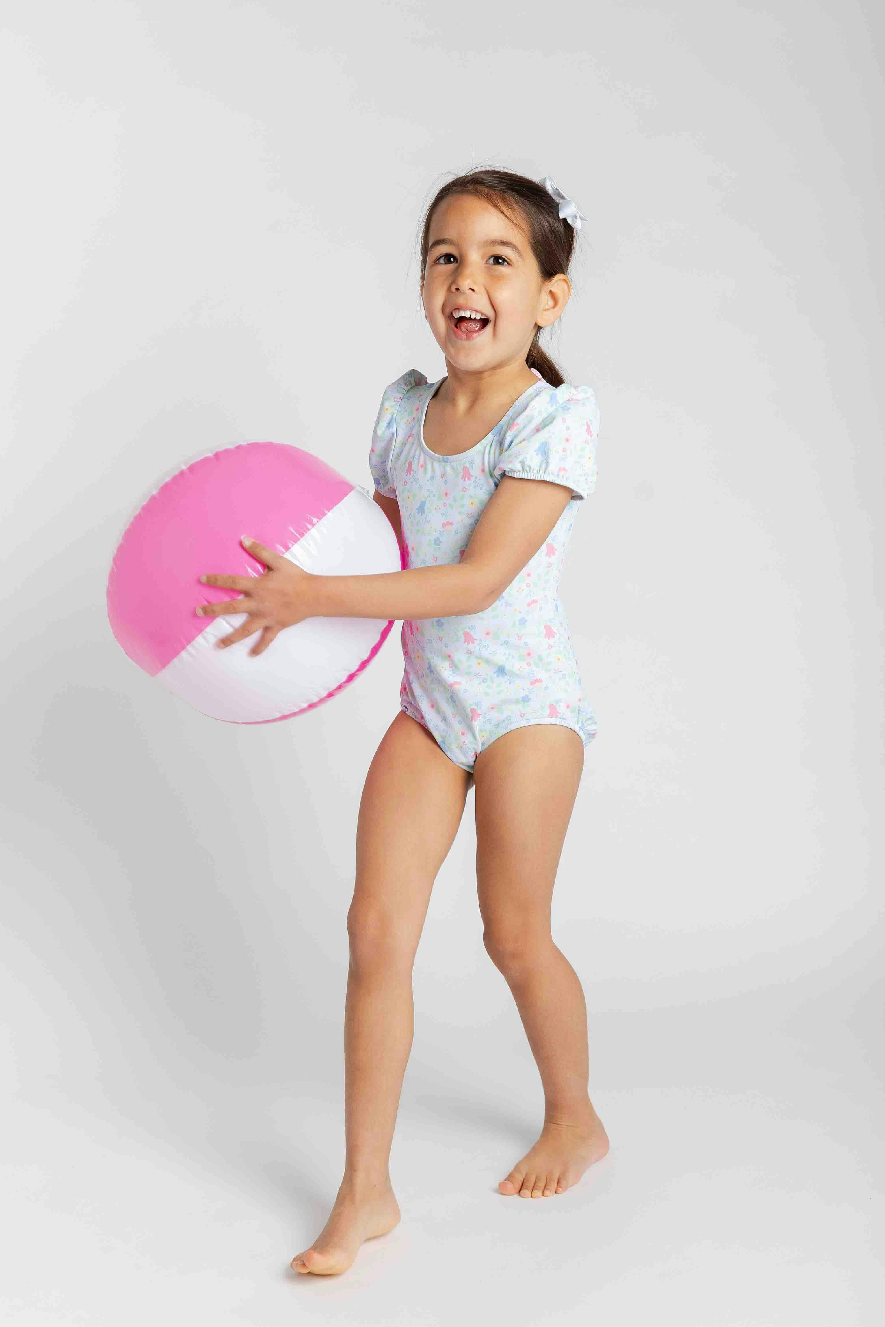Floral Print Swimsuit with Puff Sleeves