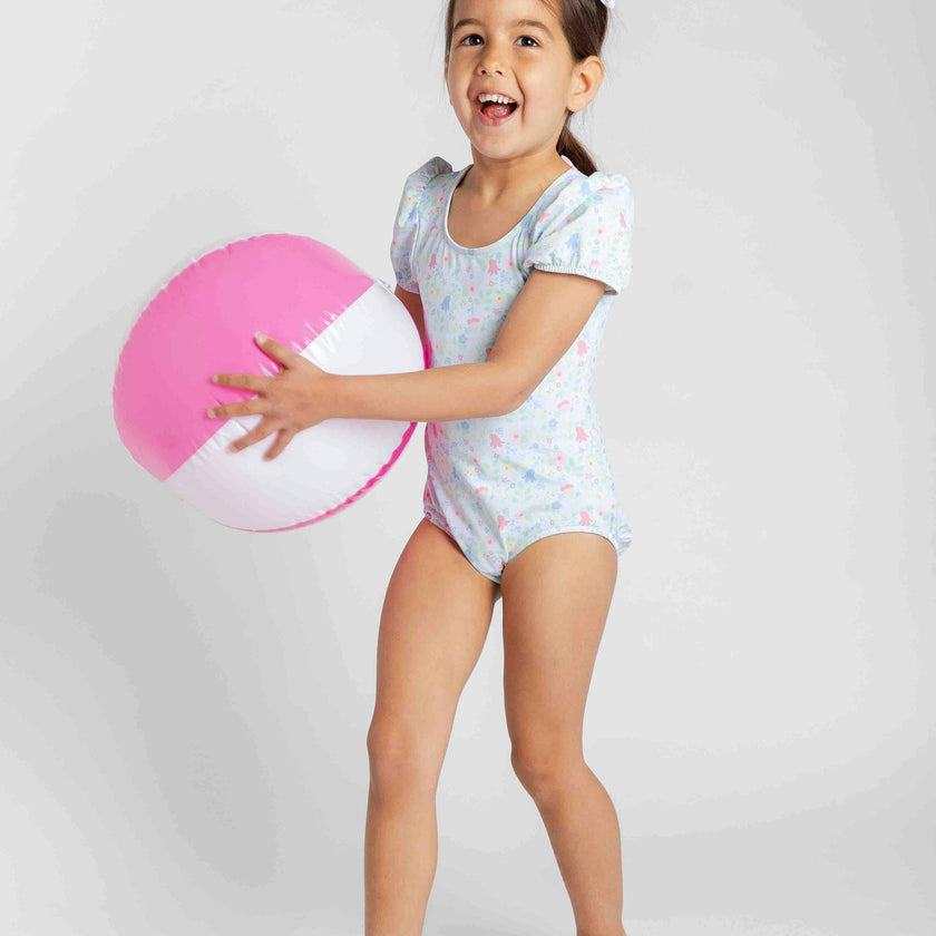 Floral Print Swimsuit with Puff Sleeves
