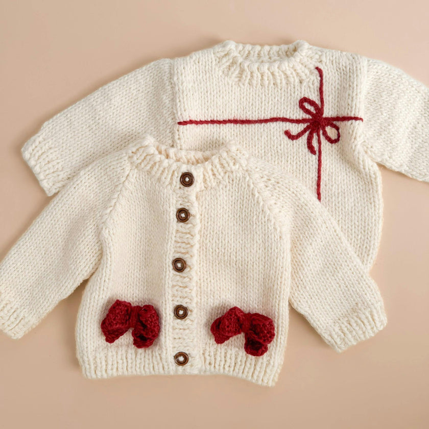 Bow Cardigan, Cream/Red