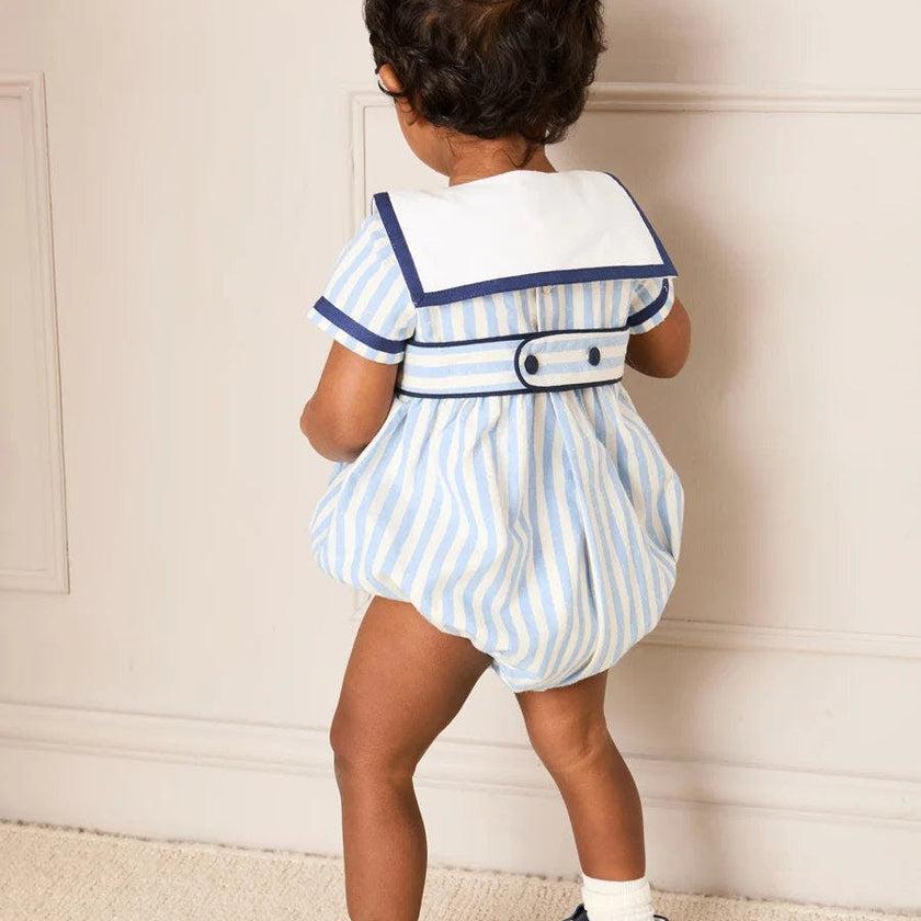 Regency Stripe Mariner Collar Bow Detail Romper in Blue (6mths-2yrs)
