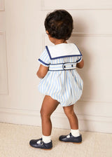 Regency Stripe Mariner Collar Bow Detail Romper in Blue (6mths-2yrs)
