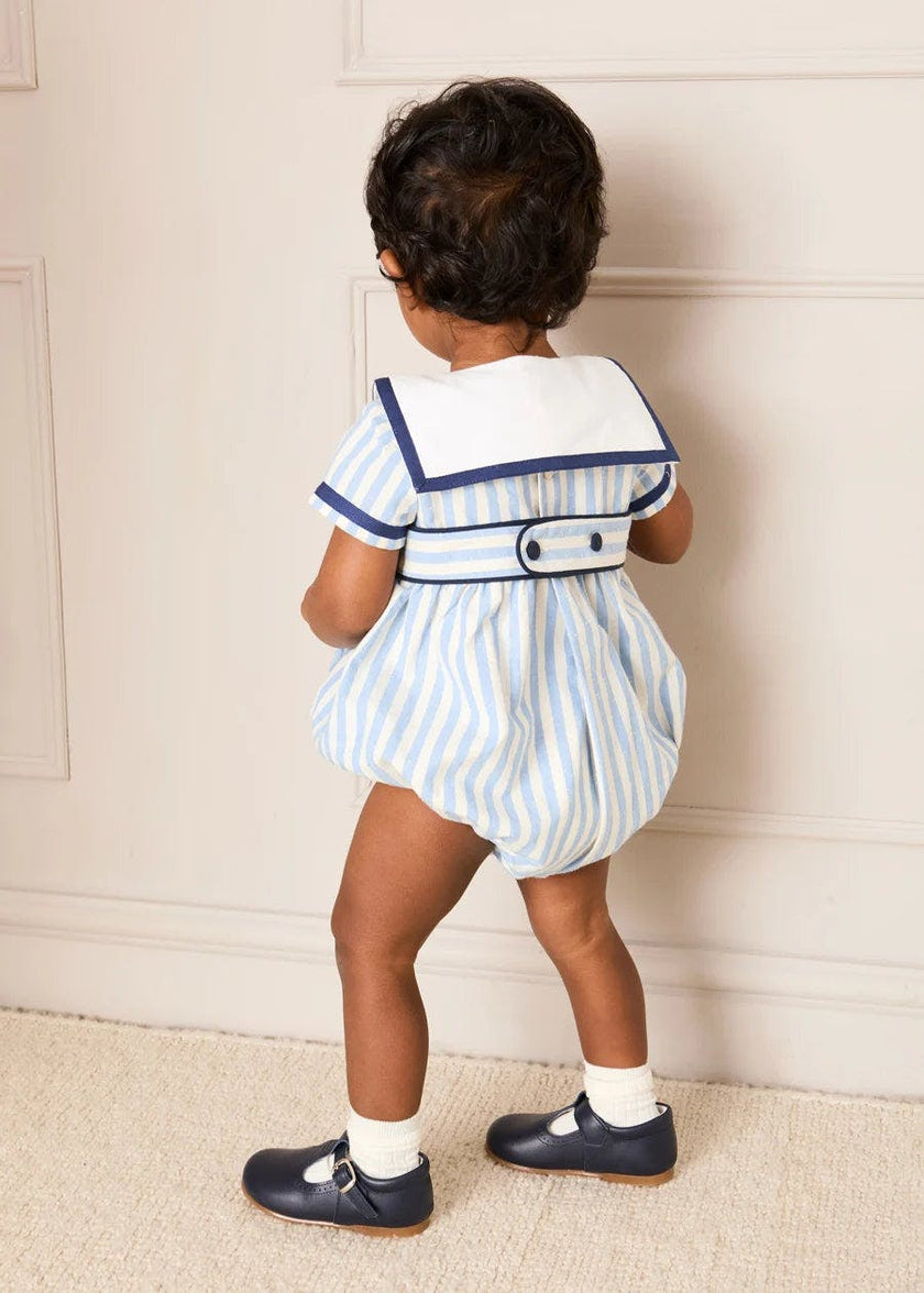 Regency Stripe Mariner Collar Bow Detail Romper in Blue (6mths-2yrs)