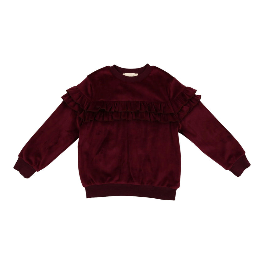 Velour Crew Neck Ruffle Chest Long Sleeve Sweatshirt