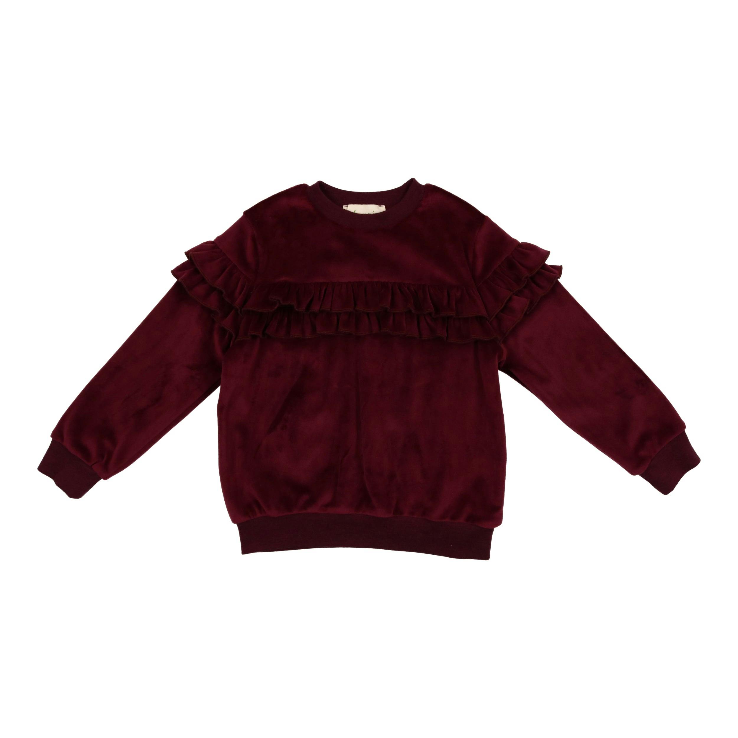 Velour Crew Neck Ruffle Chest Long Sleeve Sweatshirt