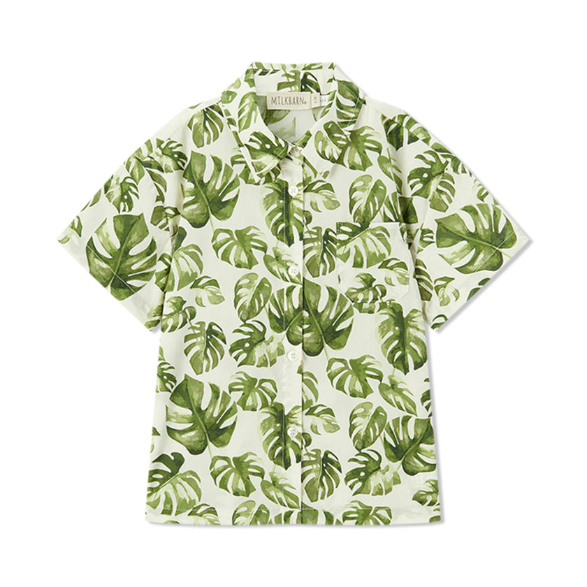 Island Leaf Collar Button-Up Shirt and Shorts Set