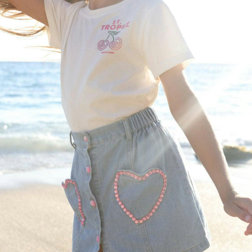 Pink Gem Hearts Denim Skirt