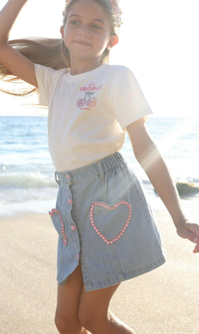 Pink Gem Hearts Denim Skirt