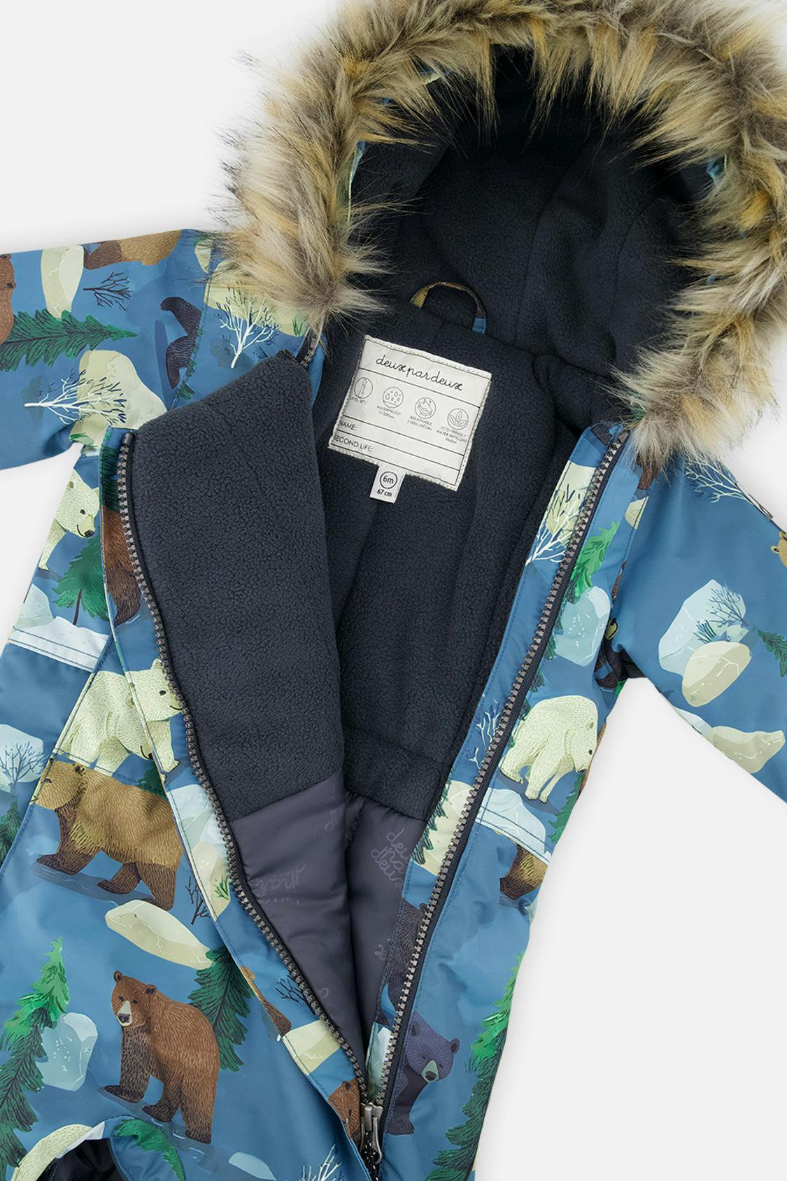 Baby One Piece Snowsuit Adapted For Car Seats Blue Bear Print