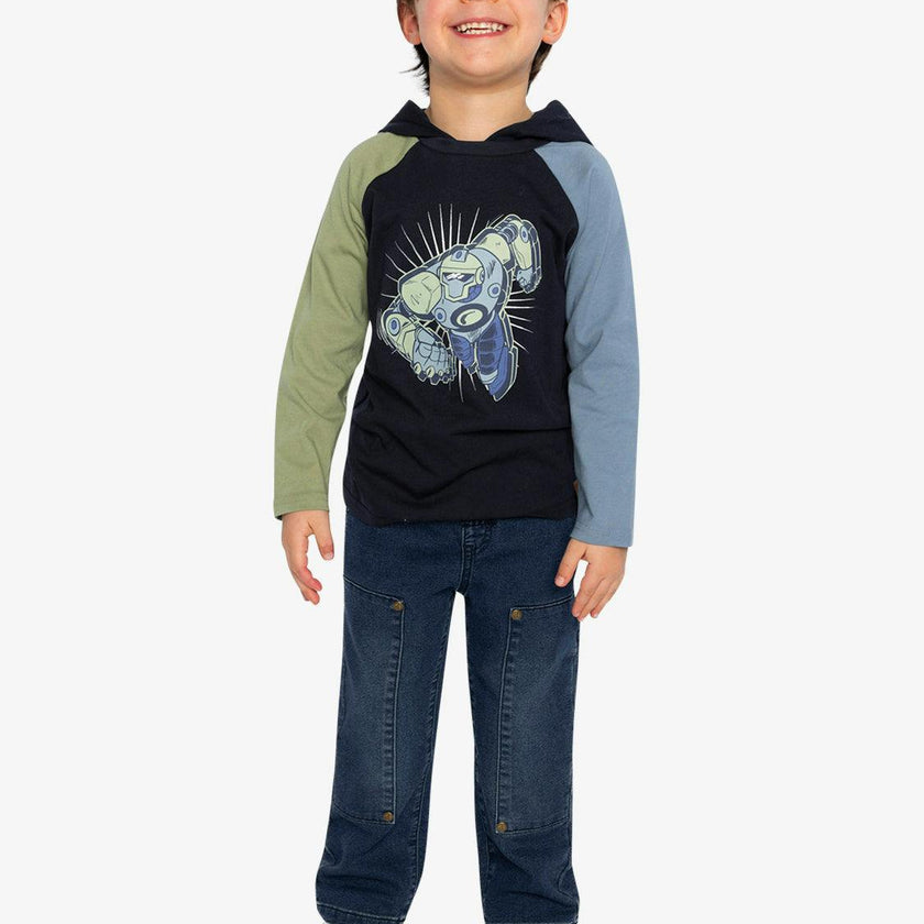 Raglan Hooded T-Shirt Dark Blue and Green