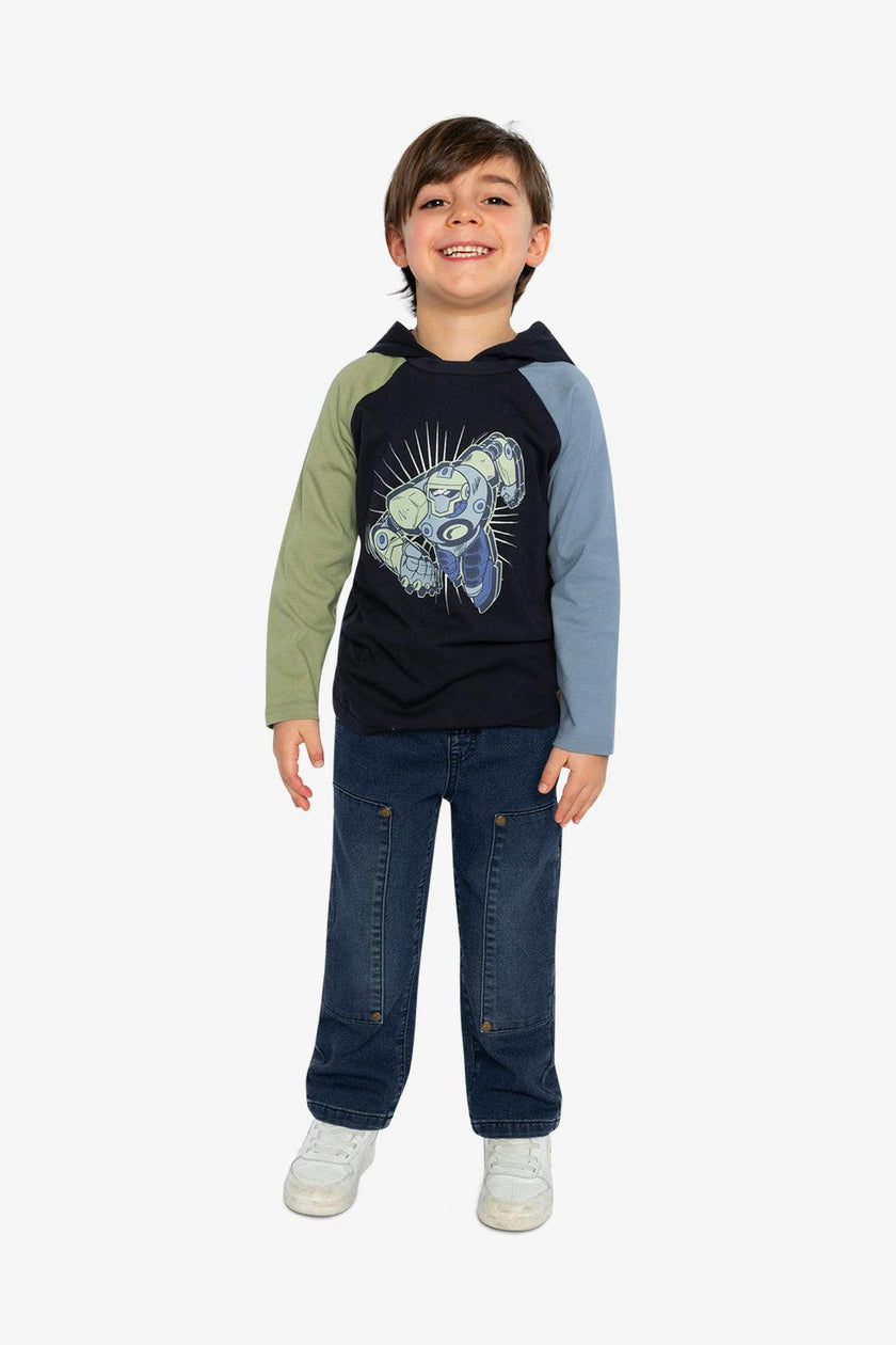 Raglan Hooded T-Shirt Dark Blue and Green