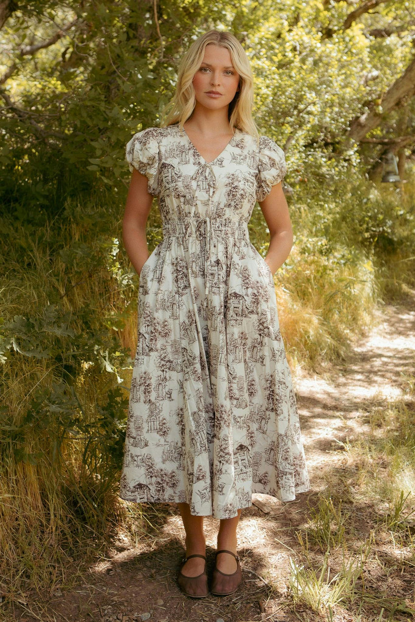 Zaza Midi Dress in Brown Toile