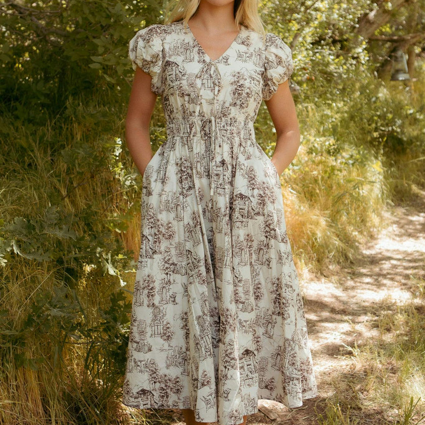 Zaza Midi Dress in Brown Toile