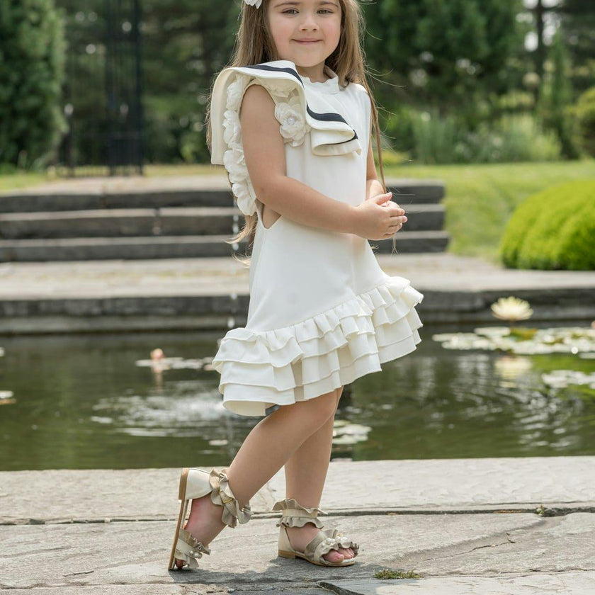 Alex White Ruffle Dress with Black Contrast Line