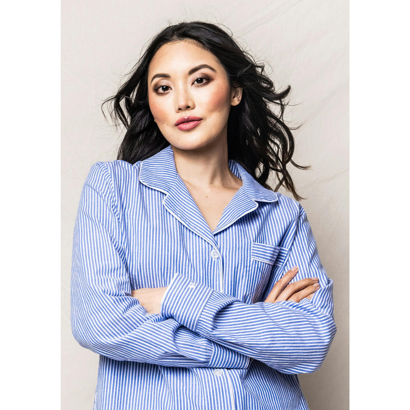Women's Twill Long Sleeve Short Set in French Blue Heritage Stripe