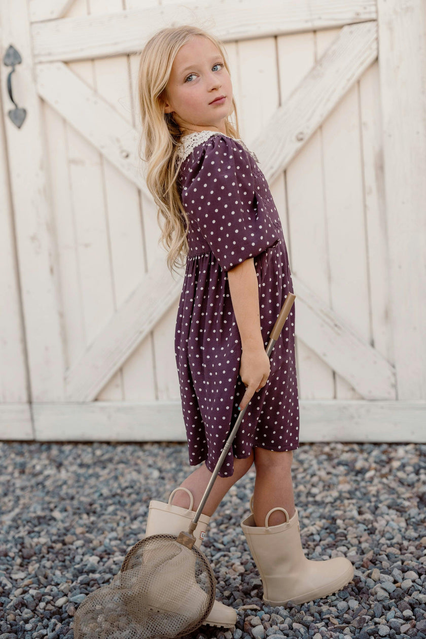 Mini Jillian Dress in Aubergine Ditsy Dot