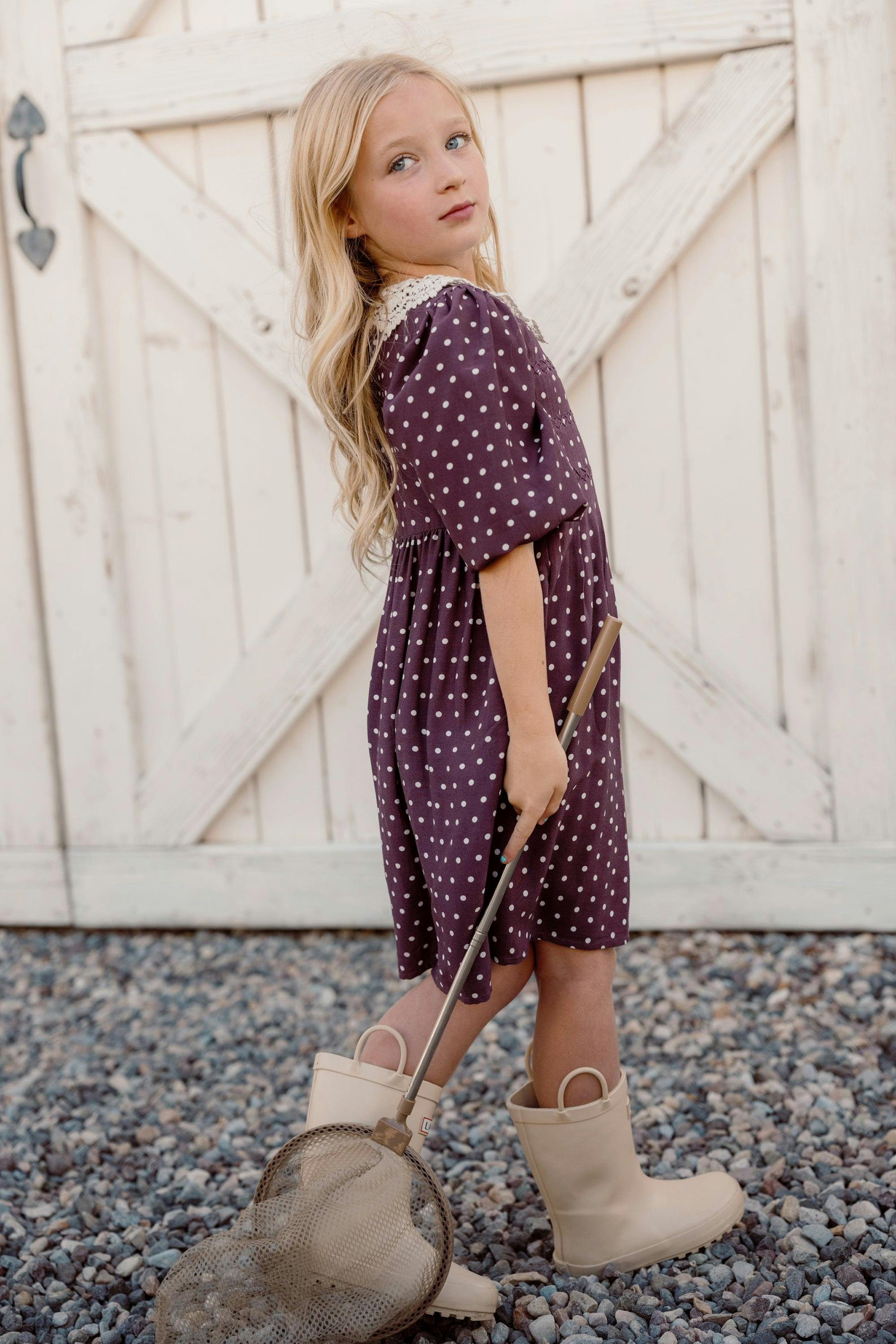 Mini Jillian Dress in Aubergine Ditsy Dot