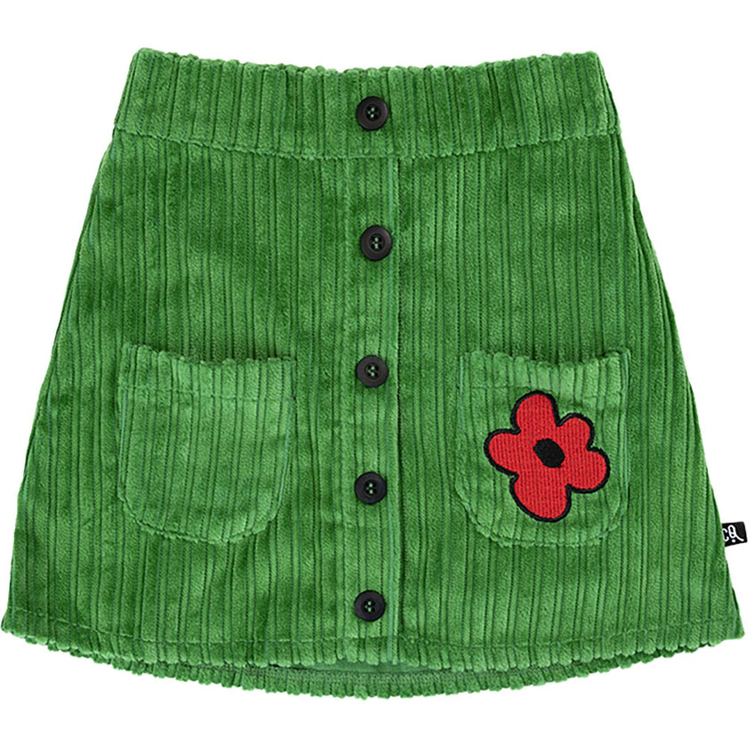 Floral Print Corduroy Elastic Waistband 2-Front Pockets Button-Down Skirt