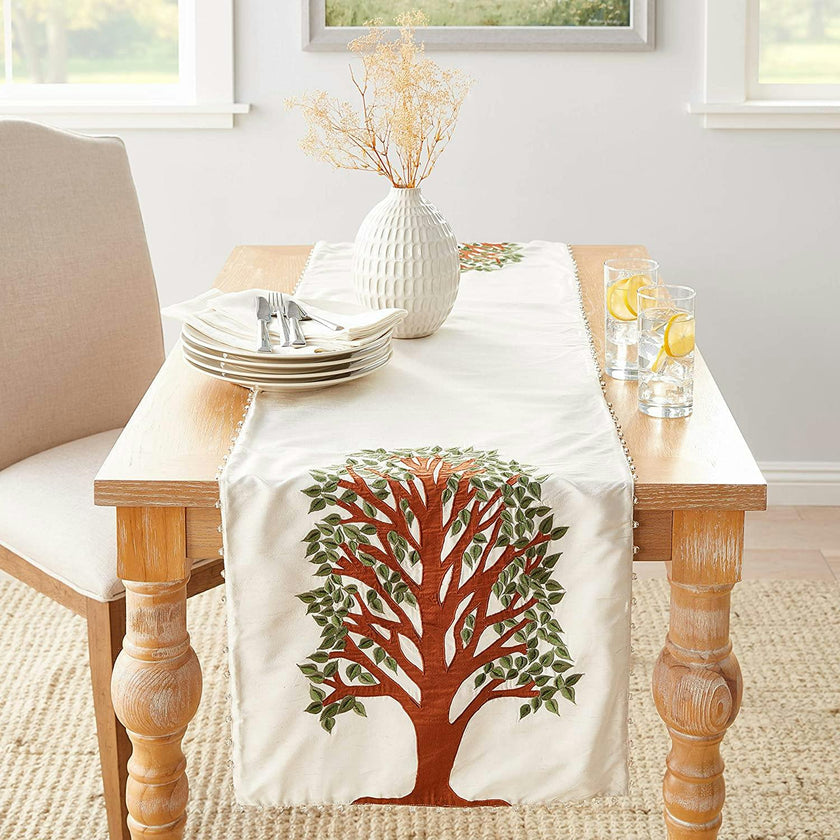 Handmade Ivory Silk Table Runner Tree of Life Embroidery and Hand Beading - 18"x72"