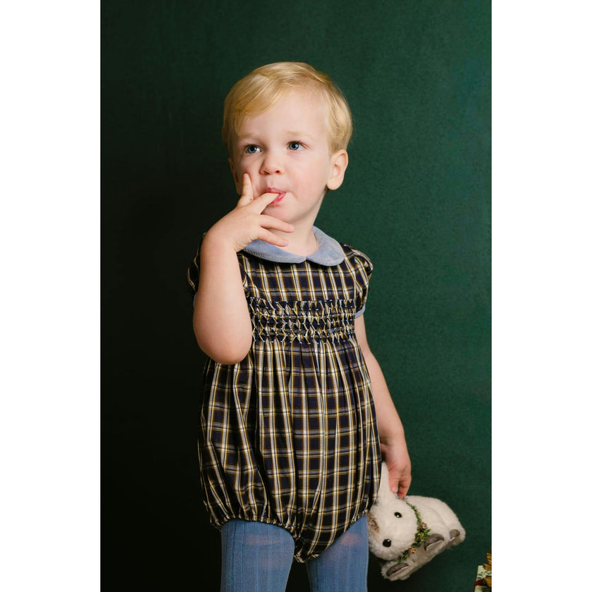 Angelica Navy Tartan Short Sleeve Smocked Bubble