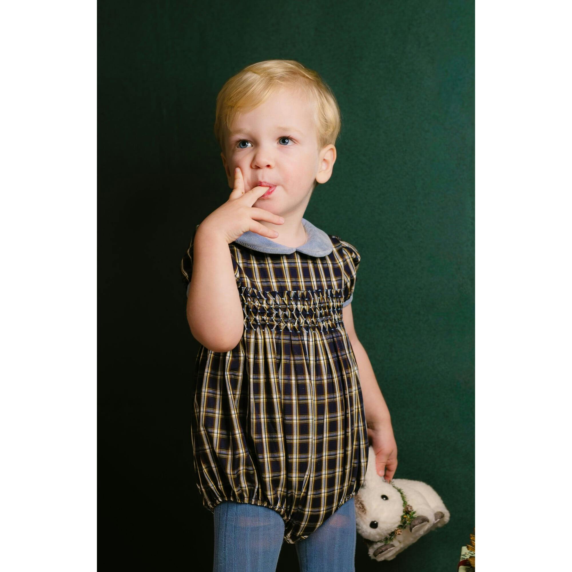 Angelica Navy Tartan Short Sleeve Smocked Bubble