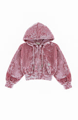 Velvet Zip Hoodie with Embroidered Hearts, Rose Pink