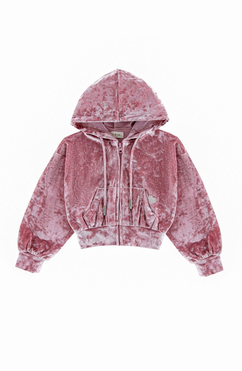 Velvet Zip Hoodie with Embroidered Hearts, Rose Pink