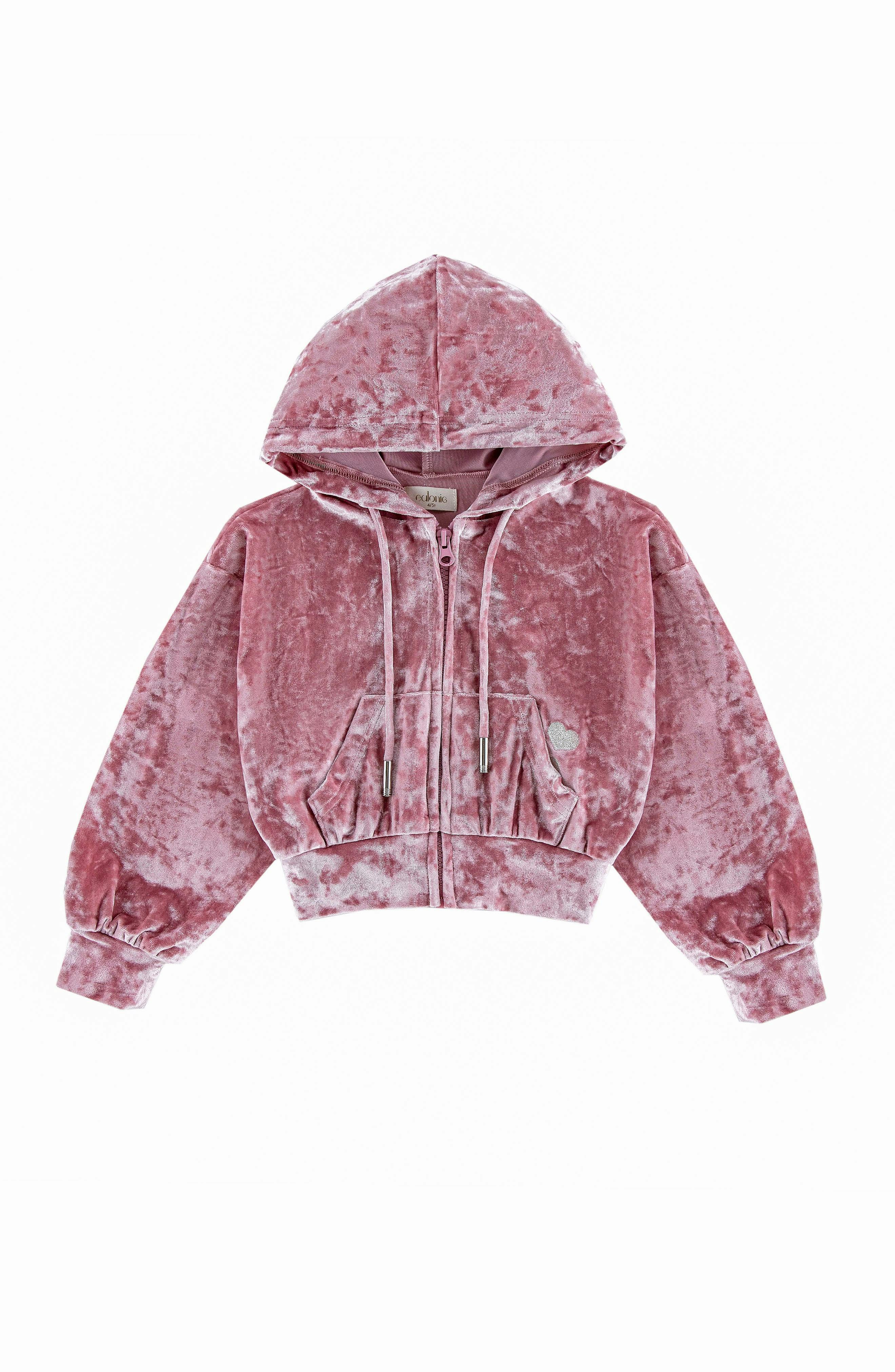 Velvet Zip Hoodie with Embroidered Hearts, Rose Pink