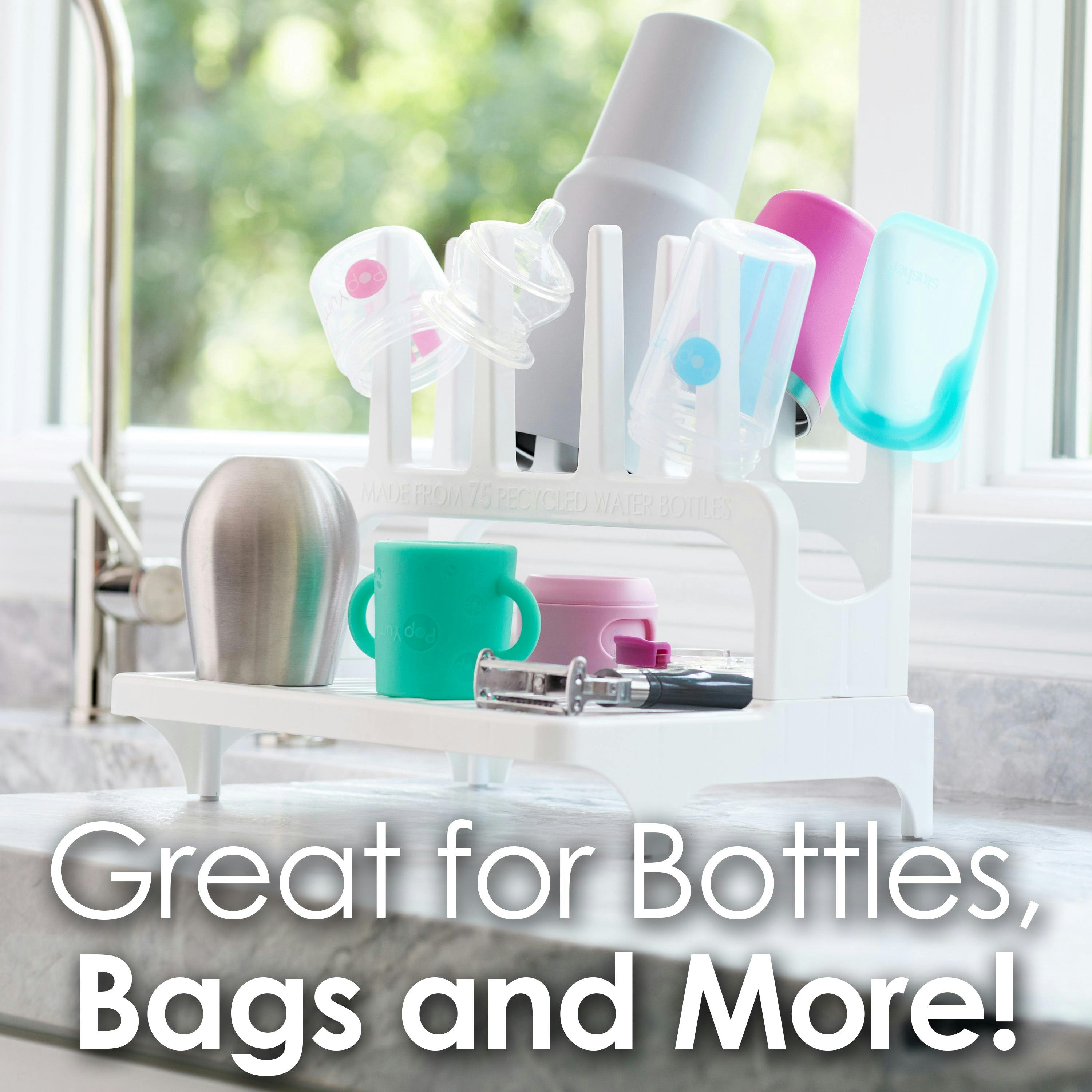 PopYum Seattle Gray Drying Rack from 100% Recycled Bottles with Silicone Drying Mat, countertop for Baby Bottle, Plastic Bags, Cups, Compact