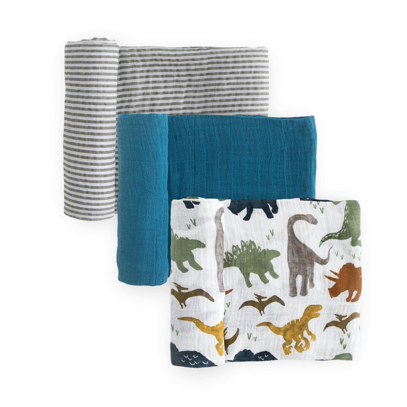 Cotton Muslin Swaddle Blanket 3 Pack - Dino Friends 2