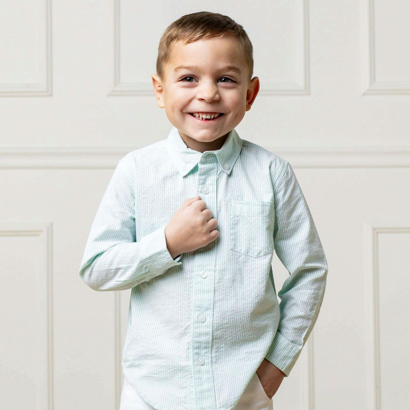 Organic Long Sleeve Seersucker Button Down Shirt, Green