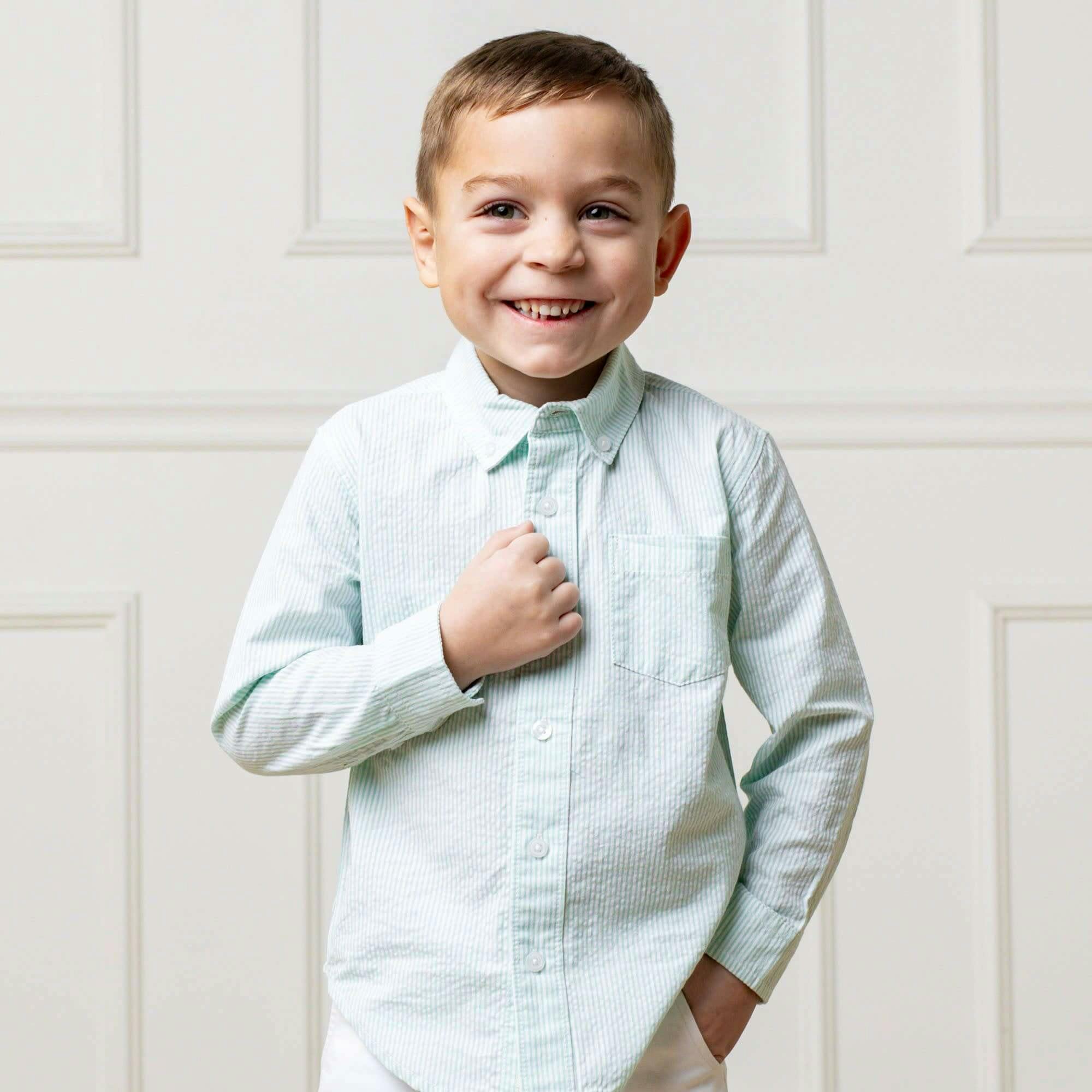 Organic Long Sleeve Seersucker Button Down Shirt, Green