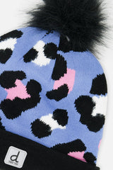 Winter Knit Hat With Pompom Blue Leopard Print
