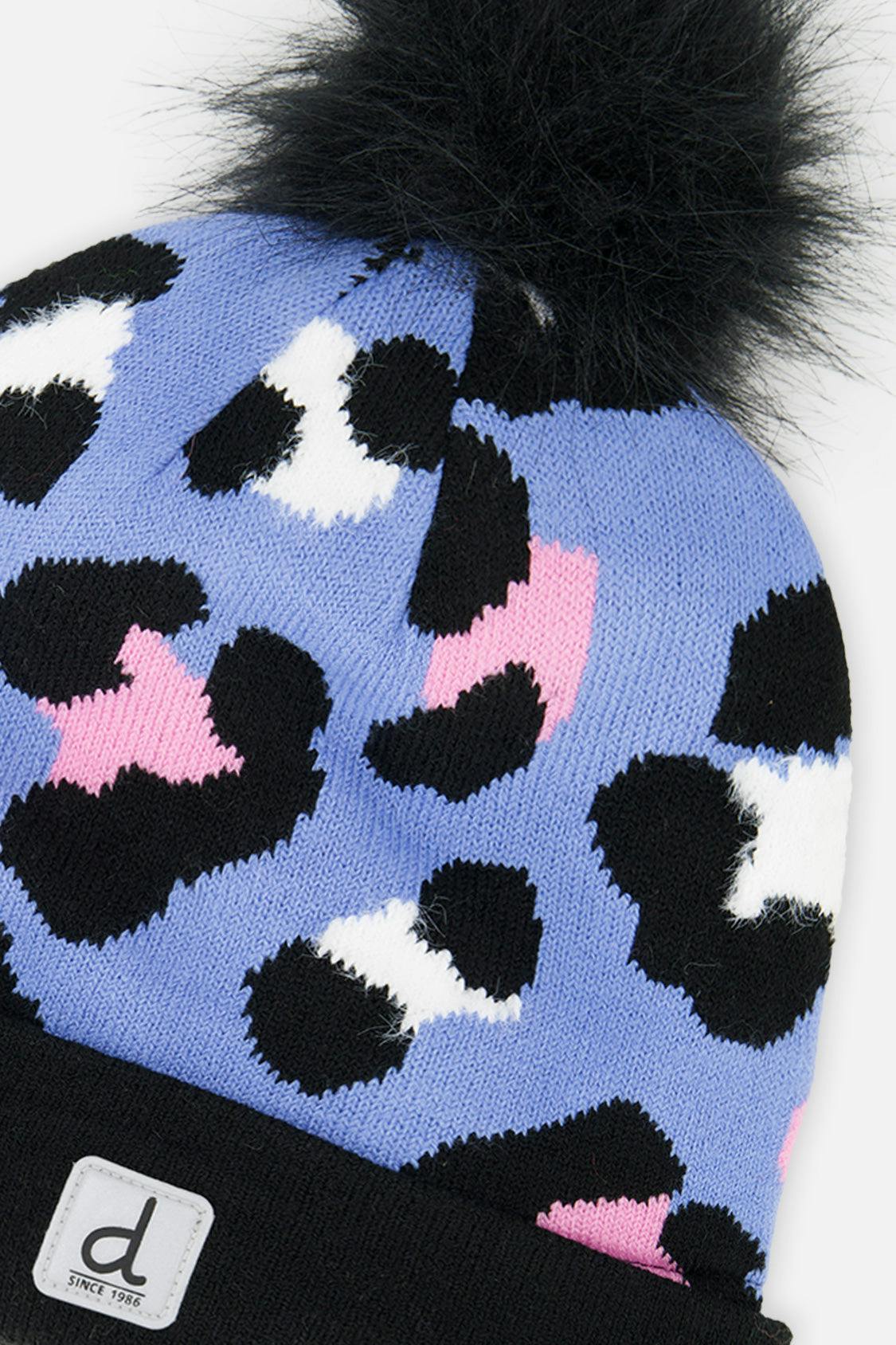 Winter Knit Hat With Pompom Blue Leopard Print