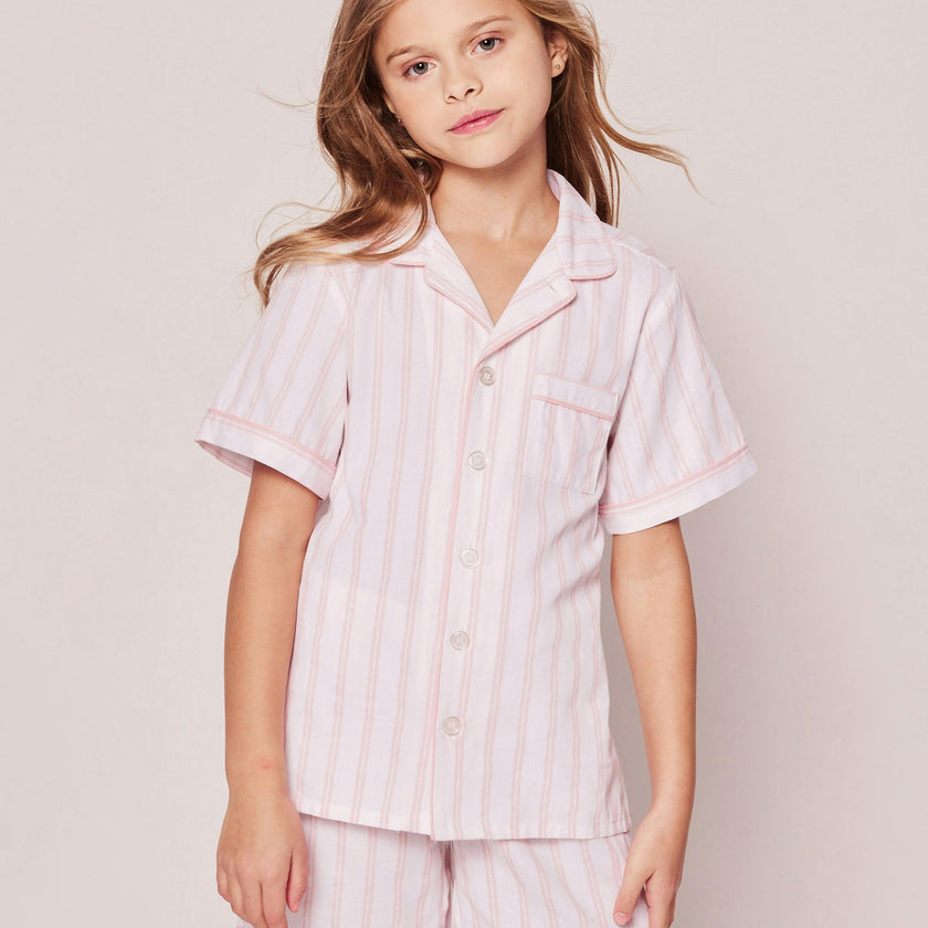 Kid's Twill Pajama Short Set in Pink and White Stripe