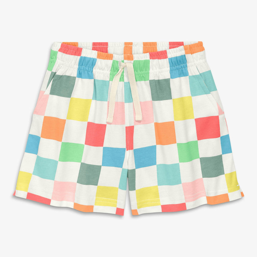 Kids park short in rainbow checkerboard