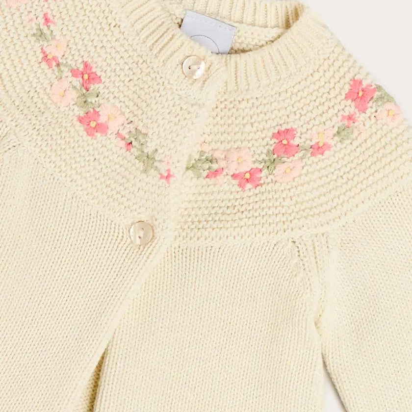 Wildflower Embroidered Two Button Cotton Newborn Cardigan in Cream (1-9mths)