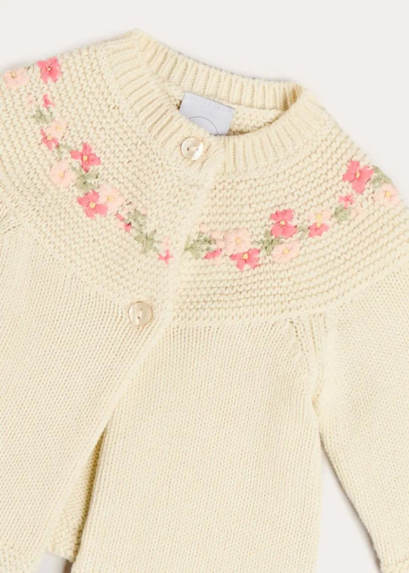 Wildflower Embroidered Two Button Cotton Newborn Cardigan in Cream (1-9mths)