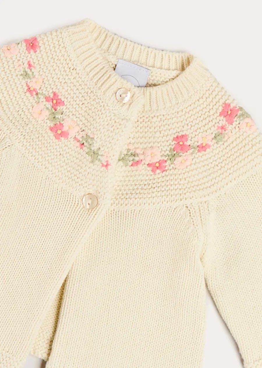 Wildflower Embroidered Two Button Cotton Newborn Cardigan in Cream (1-9mths)