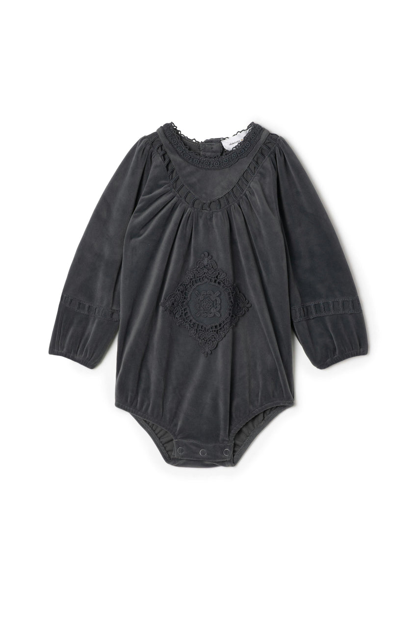 Lace Trimmed Button Front Velvet Bubble