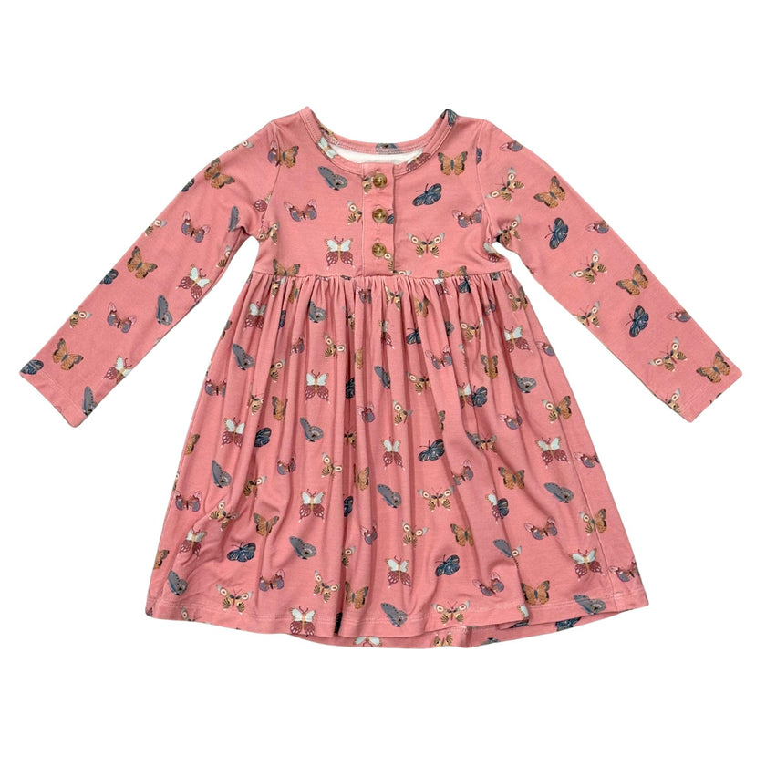 Girls Long Sleeve Henley Dress in Butterfly Bloom