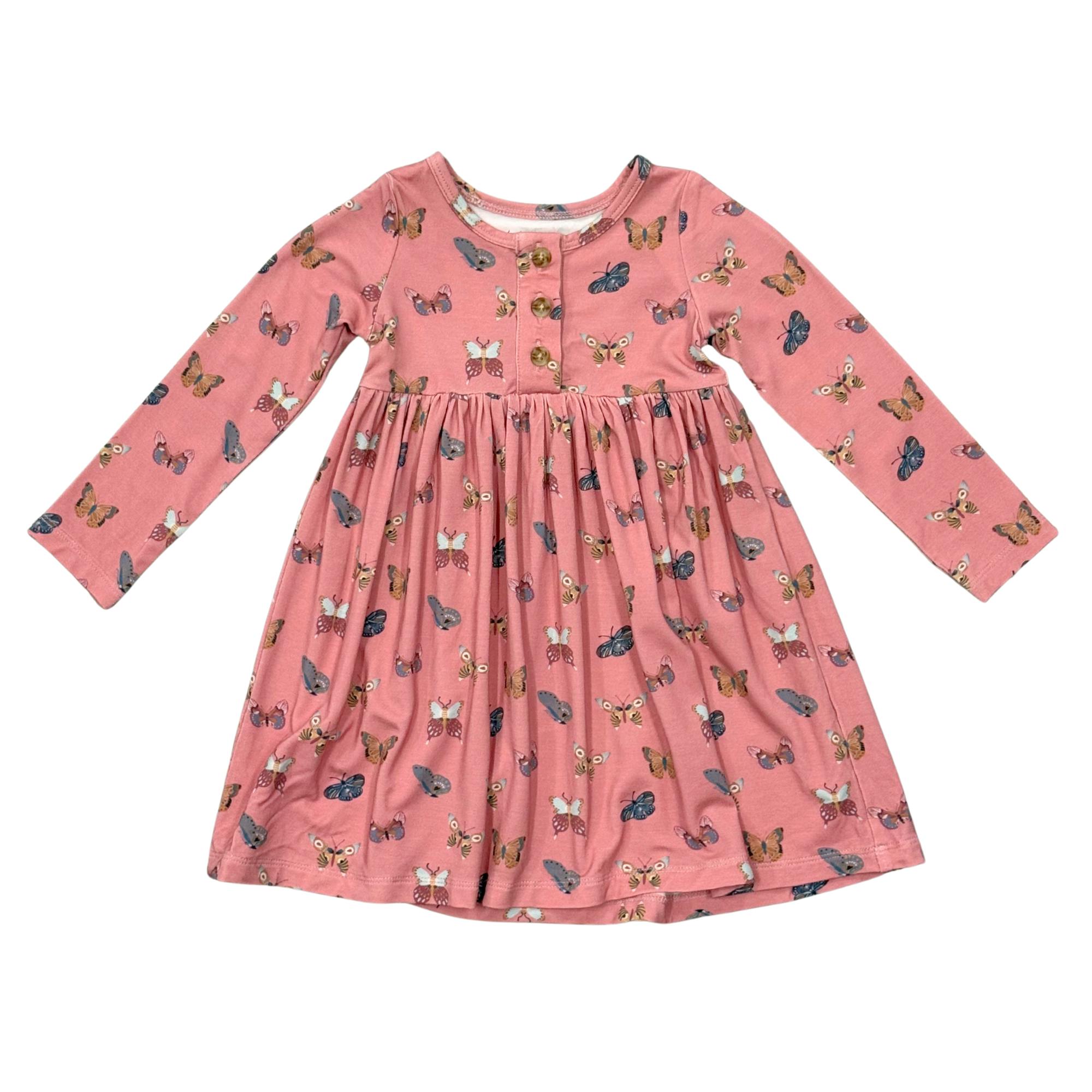 Girls Long Sleeve Henley Dress in Butterfly Bloom