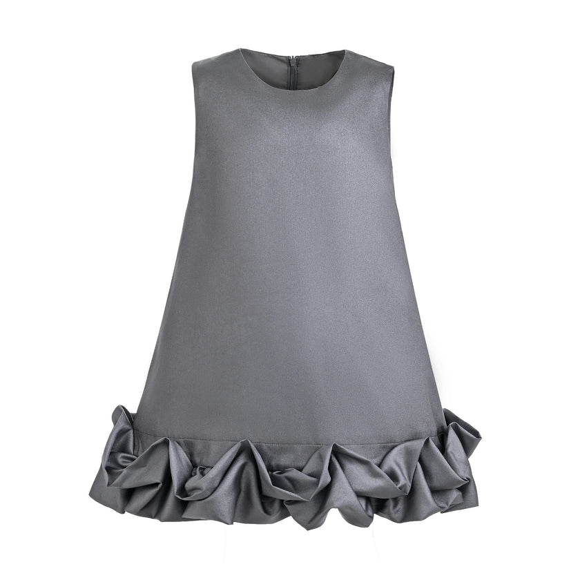 Gray Clarette Satin Ruffle-Hem Dress